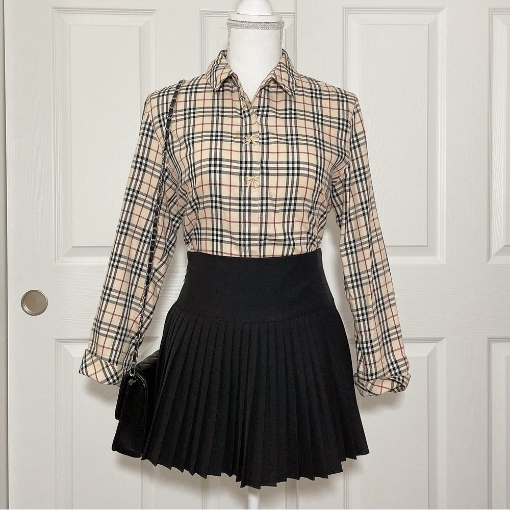 Nova check plaid collared blouse with embroidered bows